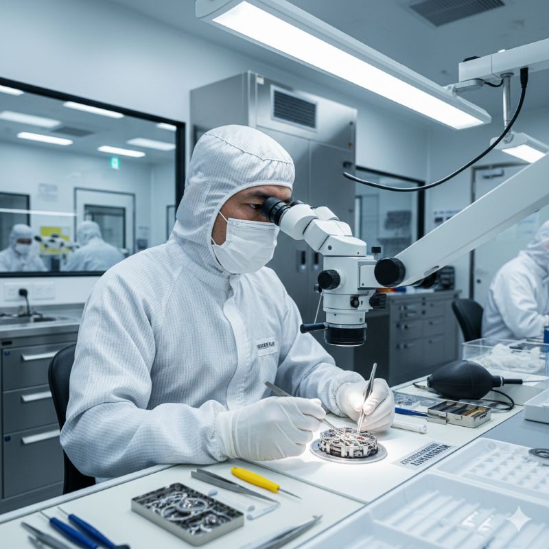 クリーンルームで精密なリシャール・ミルのスケルトンムーブメントを点検する熟練の日本人時計師