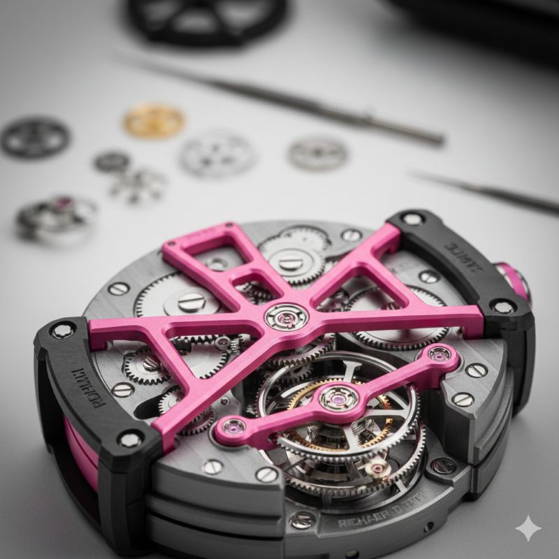ピンクのブリッジが特徴的なリシャール・ミルRM38-02風トゥールビヨンの超絶技巧ムーブメント
