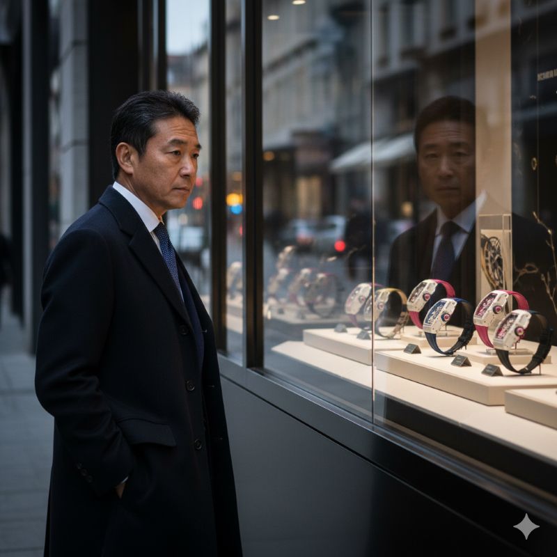高級時計ブティックのショーケース越しにリシャール・ミルを吟味する日本人の富裕層コレクター
