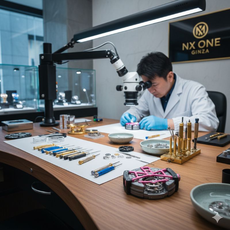 日本国内の正規認定店をイメージした精密な時計メンテナンス用具と作業風景