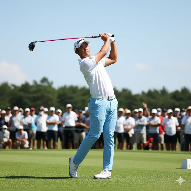 ピンクのシャフトのドライバーと白い時計を着用して力強くスイングする日本人レフティーゴルファー