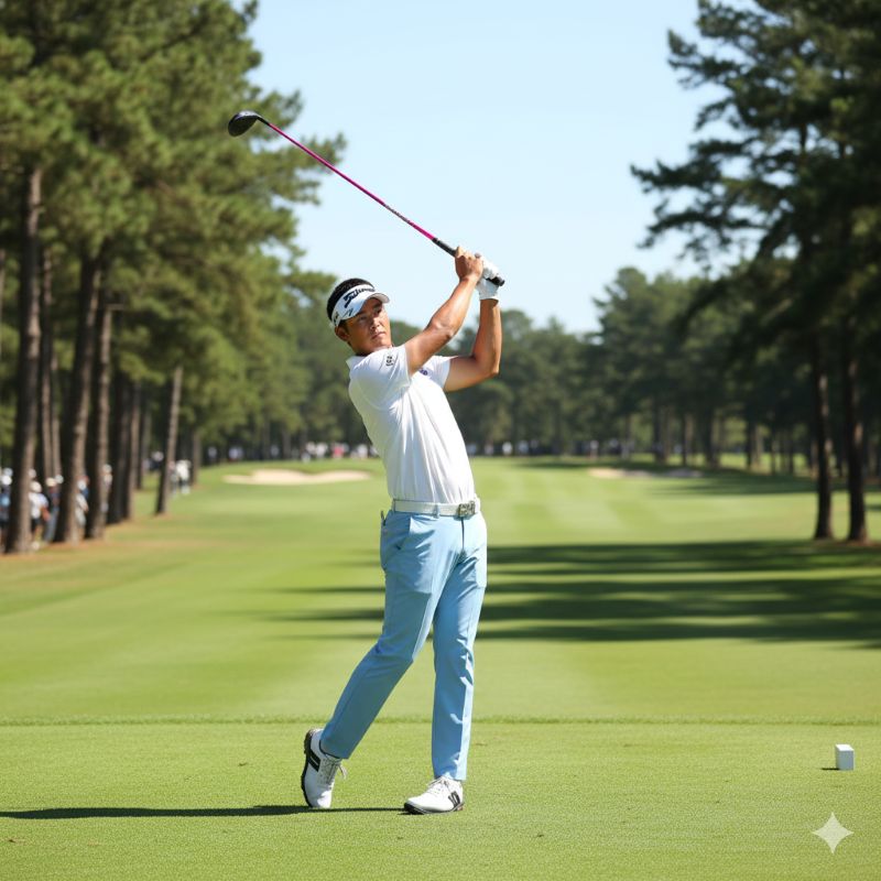 豪華なゴルフコースでリシャール・ミル風の時計を着用しスイングする日本人のプロゴルファー