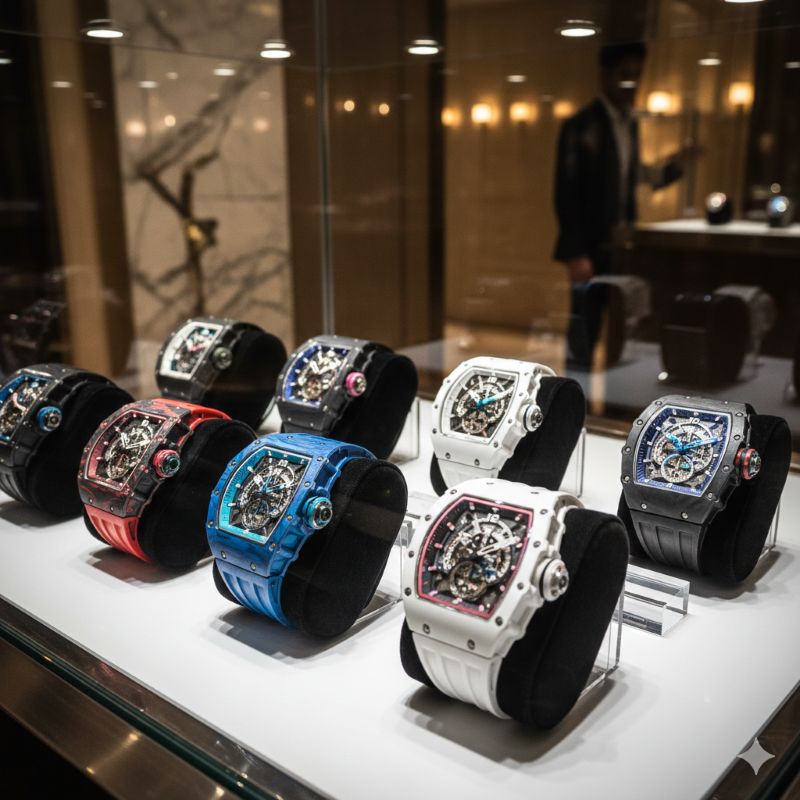 高級時計ブティックのショーケースに美しく並べられたリシャール・ミル風の限定ウォッチ