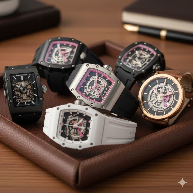 レザーのトレイに並べられた形状の異なるリシャール・ミル風のエントリーモデル時計