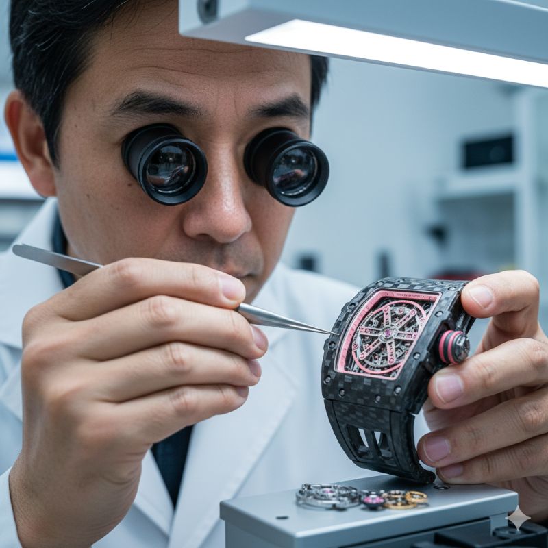 ルーペを使用してリシャール・ミルの高度なカーボン素材とムーブメントを検証する日本人専門家