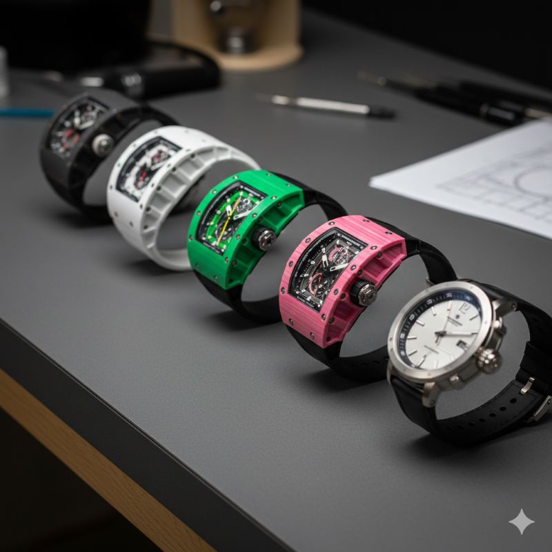 素材や厚みの進化を比較できるように並べられた歴代リシャール・ミル風モデルのサイドビュー