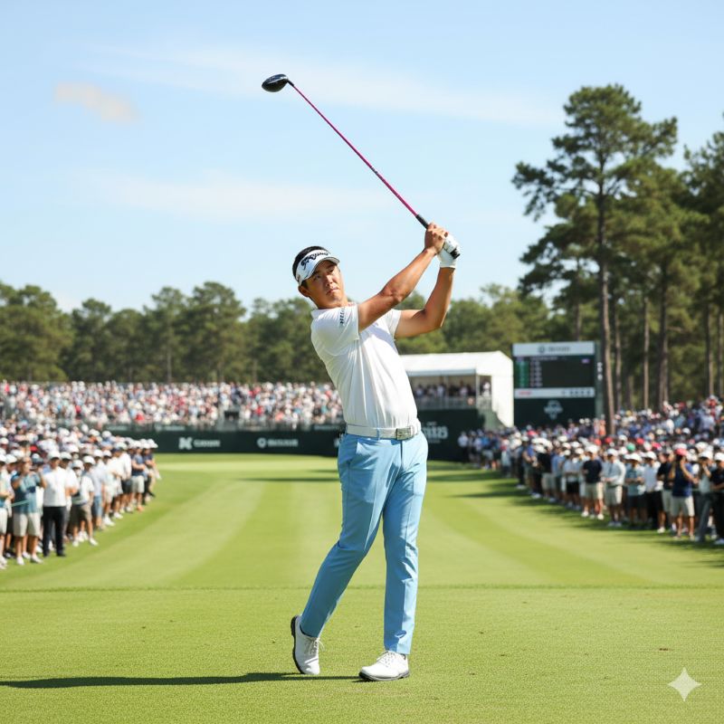 ピンクのシャフトのクラブを持ち現代的なゴルフ大会で活躍する日本人のプロ選手