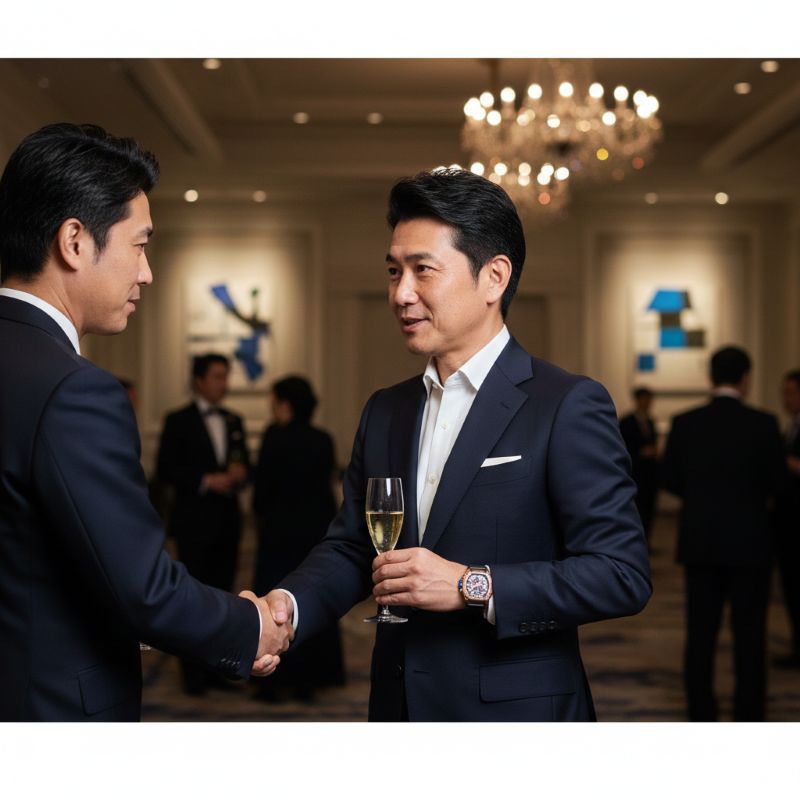 高級なパーティー会場で成功の証としてリシャール・ミルの時計を身に着ける日本人男性
