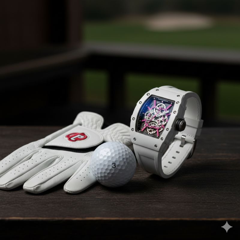 ゴルフボールとグローブの隣に置かれたリシャール・ミル風時計の静物写真