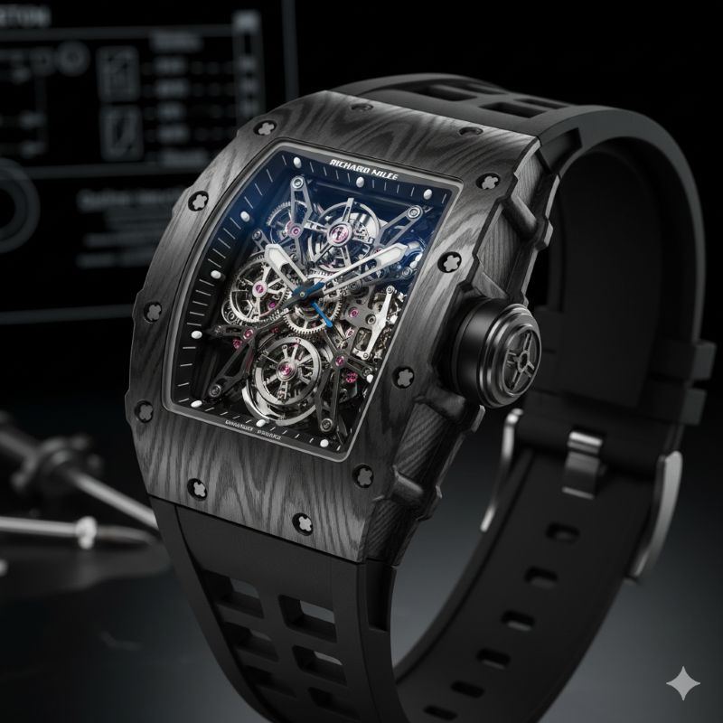 カーボン素材と複雑な内部機構が特徴的なリシャール・ミル風のトノー型スケルトンウォッチ