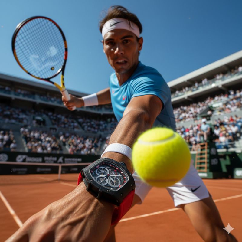 激しい衝撃に耐えるリシャール・ミルの技術力を象徴する、テニスのプレー中に着用されるスポーツウォッチのイメージ