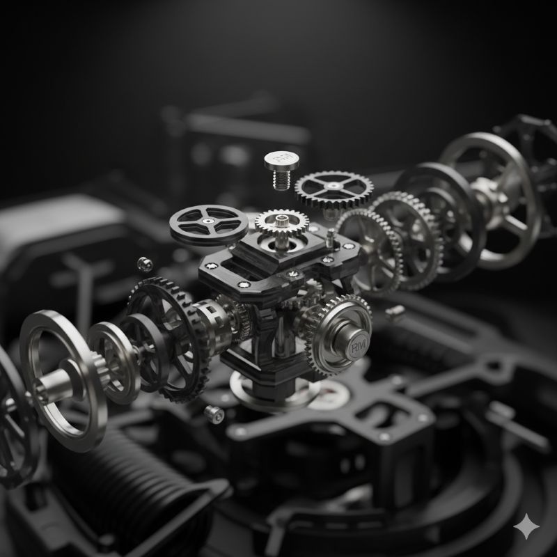 チタンやカーボンなどの特殊素材を使用した、リシャール・ミルの超精密なムーブメントパーツの拡大イメージ