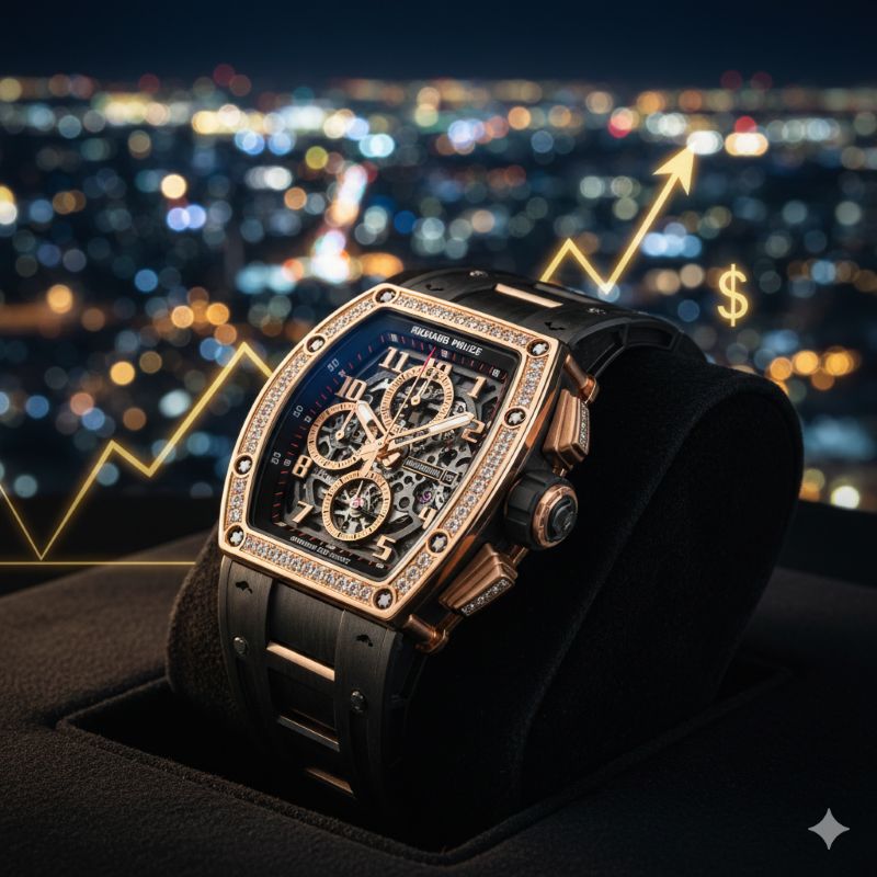 圧倒的な資産価値と成功の象徴であることを示す、都会の夜景をバックにした高級腕時計のイメージ