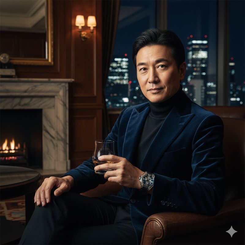 高級ラウンジでリシャール・ミルの時計を着用し、成功者の風格を漂わせる日本人セレブリティのイメージ