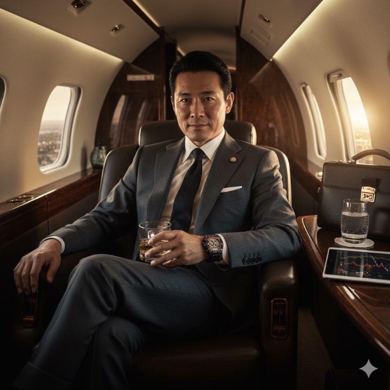 桁違いの富裕層のみが体験できる、プライベートジェットでのリシャール・ミル着用イメージ