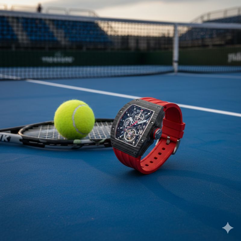 テニスコート上に置かれたカーボンTPT素材を採用した軽量高級スポーツウォッチ