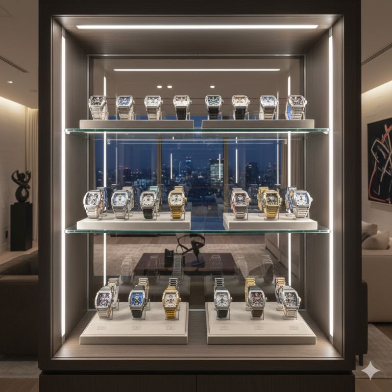 日本の超富裕層の邸宅にディスプレイされた高級腕時計のコレクション