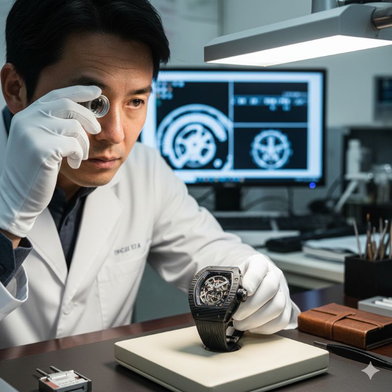ルーペを使用して高級腕時計の真贋を鑑定する専門家