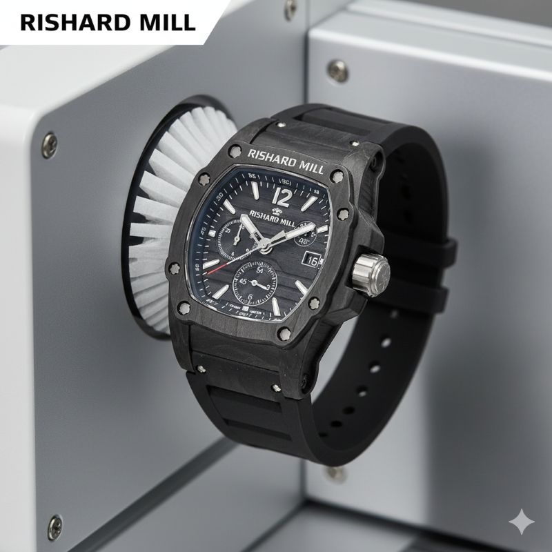 最先端の試験機で耐衝撃テストを受けるリシャール・ミルのカーボン素材腕時計