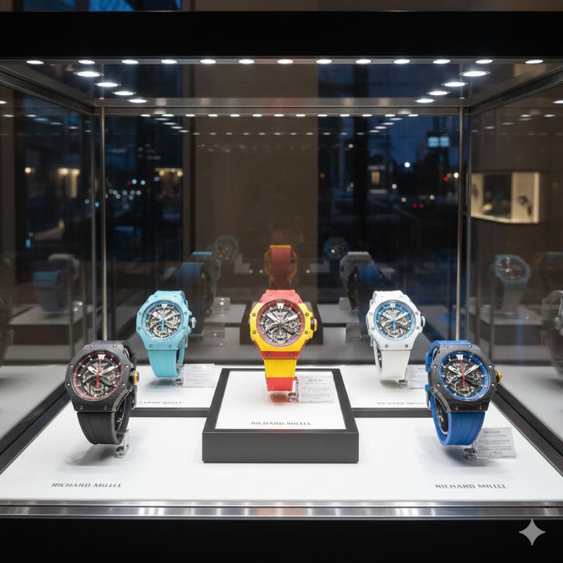 色鮮やかなリシャール・ミルのナダルモデル・コレクションのディスプレイ