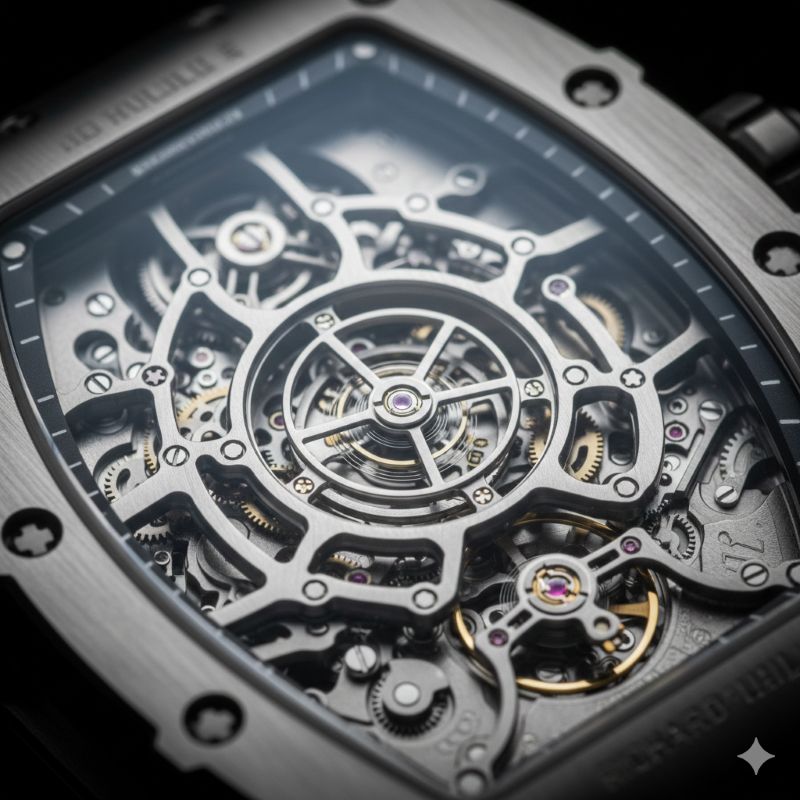 リシャール・ミルのスケルトンムーブメントにおける精緻なメカニズムの接写