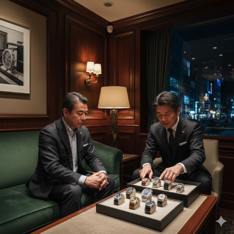 銀座の高級ブティックのVIPルームで商談をする日本人男性と店員