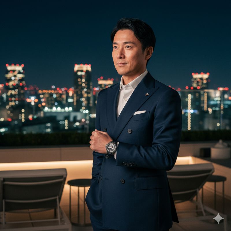 東京の夜景を背景にリシャール・ミルの時計を身につける成功した日本人男性