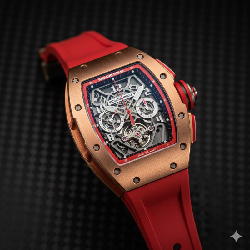 カーボンファイバーの表面に置かれた、鮮やかな赤のストラップとレッドゴールドケースが特徴のリシャール・ミルの高級腕時計