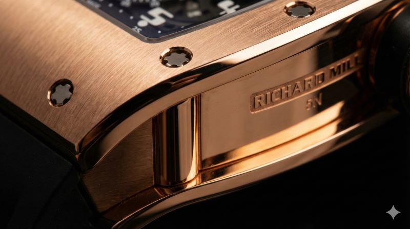 サテン仕上げとポリッシュ仕上げが施された、リシャール・ミル独自の18K 5Nレッドゴールド素材のクローズアップ