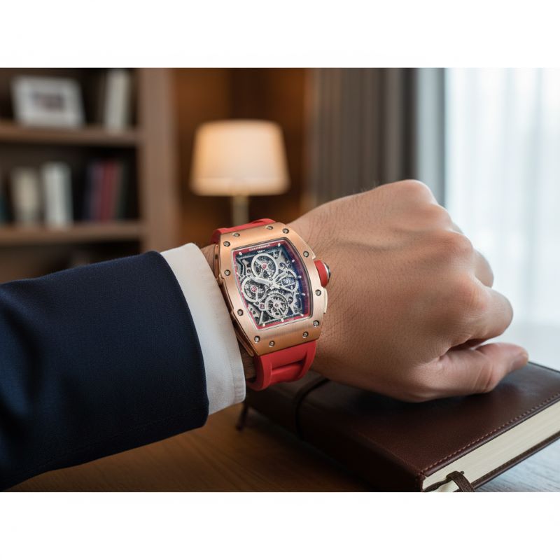 ネイビーのジャケットを羽織った日本人男性の手首に映える、レッドゴールドケースと赤ベルトのリシャール・ミル