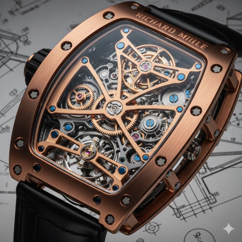 レッドゴールドの地板と複雑な歯車が組み合わさった、リシャール・ミルの芸術的なスケルトンムーブメント内部