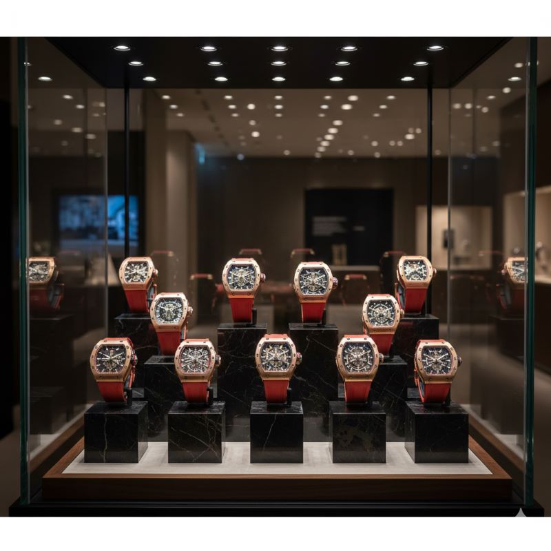 銀座に位置する高級時計ブティックの洗練されたインテリアと、落ち着いた雰囲気の商談スペース