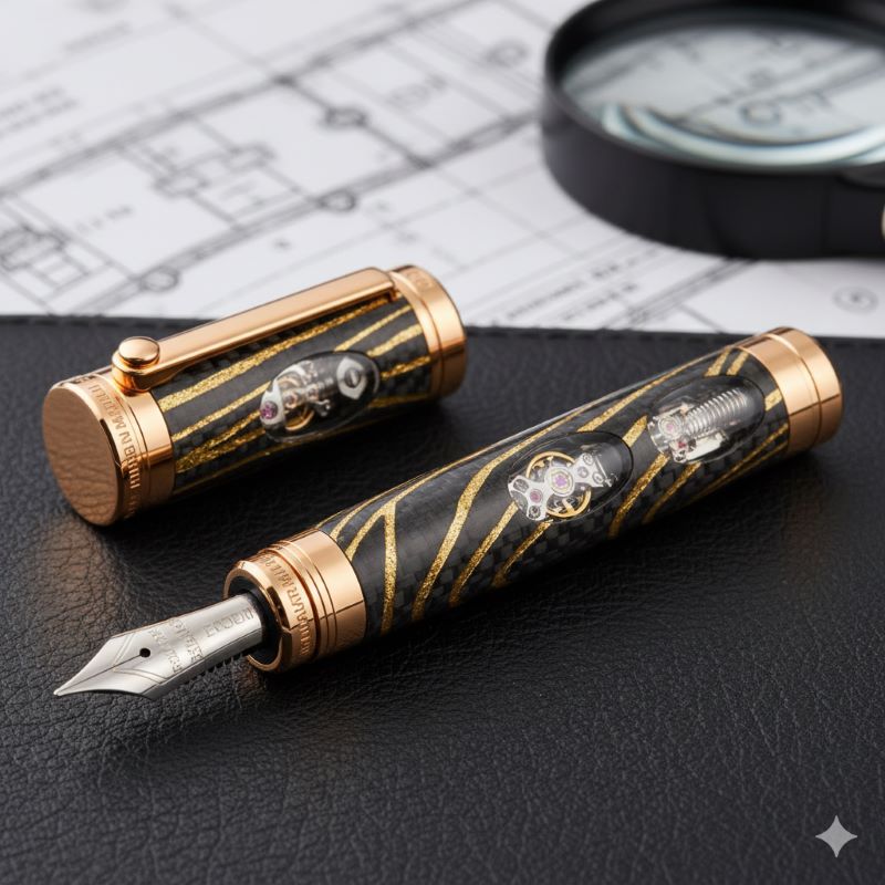 カーボンTPTとレッドゴールドを使用した、リシャール・ミルの精緻な機械式万年筆のディテール