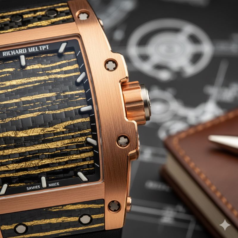 独自の18K 5Nレッドゴールドと、独特の層状模様を持つカーボンTPTが融合したリシャール・ミルのケース素材クローズアップ
