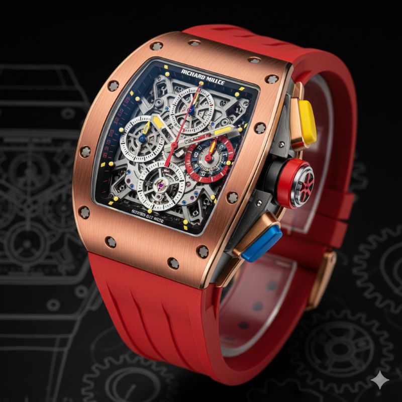 レッドゴールドケースに複雑なスケルトンダイヤルとカラフルなプッシュボタンを備えた、リシャール・ミルの最新仕様モデル