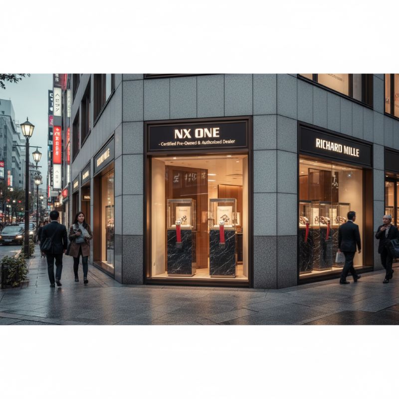 東京・銀座の洗練された街並みに溶け込む、リシャール・ミルの認定中古や正規モデルを扱う高級時計ブティックの佇まい