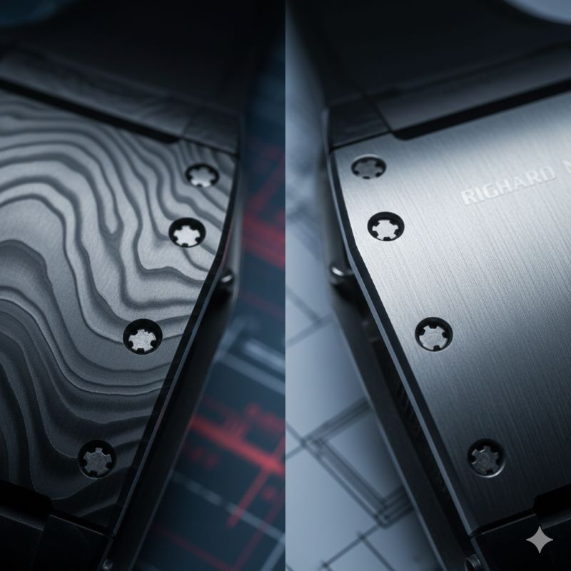 リシャール・ミルに使用されるカーボンTPTやチタンなど、最先端ハイテク素材の精密な質感