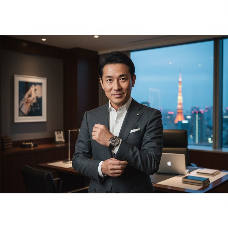 成功者の証としてリシャール・ミルの時計を身につける、スーツ姿の日本人男性