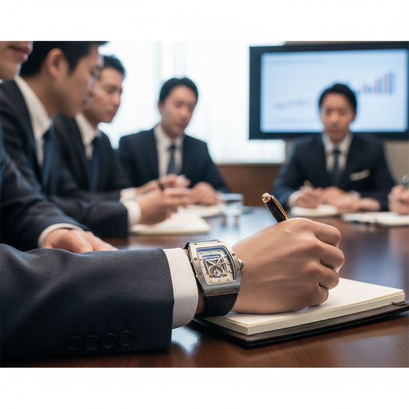 ビジネスシーンにも馴染む、超薄型設計のリシャール・ミル「エクストラフラット」モデルの装着イメージ