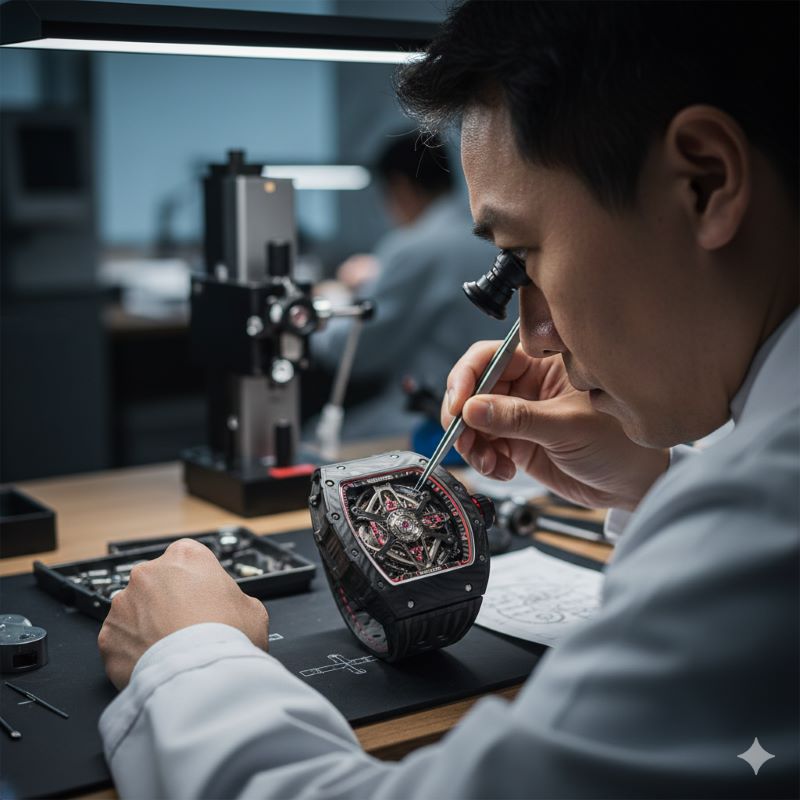 熟練の時計師がルーペを使用してリシャール・ミルの複雑なムーブメントを点検する様子