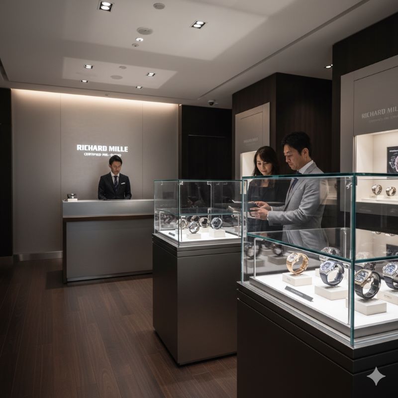 安心感と信頼感のある、リシャール・ミル正規認定中古を取り扱う高級ブティックの店内イメージ