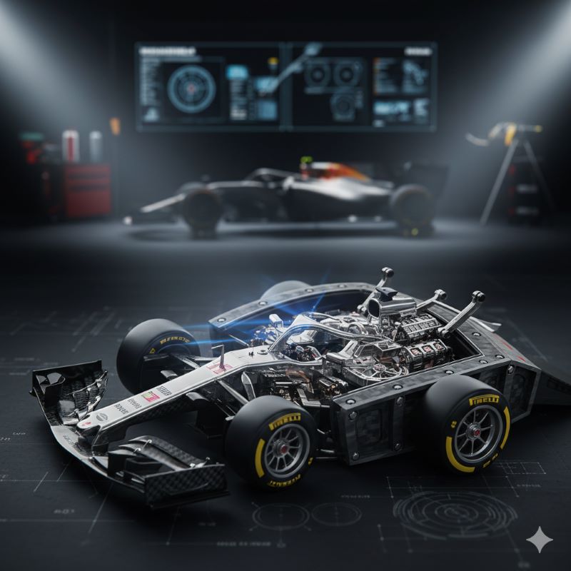 「腕時計のF1」というコンセプトを表現した、F1マシンのパーツと精密な時計の歯車が融合するイメージ