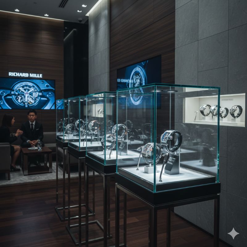日本国内の正規販売ブティックをイメージした、高級感あふれる店内の展示用ディスプレイ