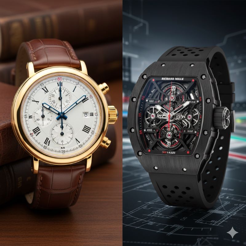 伝統的な高級時計と、リシャール・ミルの革新的なハイテクウォッチのデザイン比較イメージ