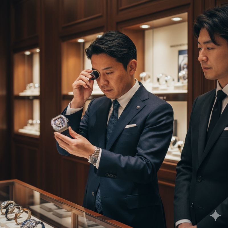 高級中古時計店で真剣にリシャール・ミルの個体を吟味する、鑑定眼を持った日本人男性