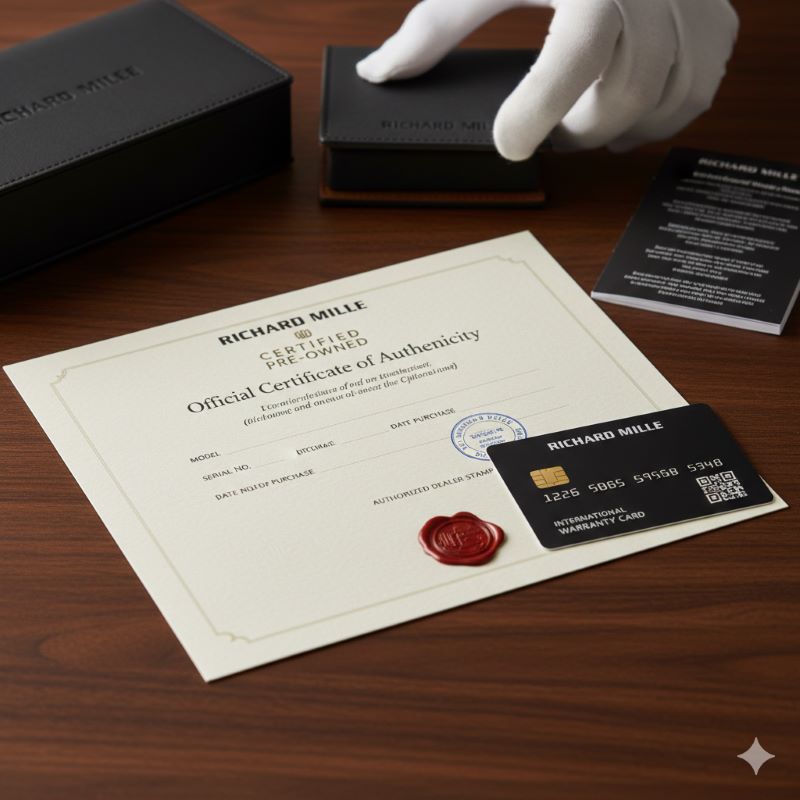 中古購入時に最も重要となる、リシャール・ミルの正規保証書と認定証のイメージ