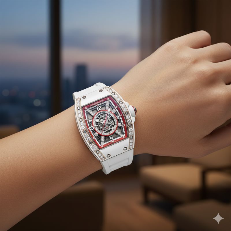 自立した女性の腕に輝く、ホワイトセラミックとダイヤモンドを施したリシャール・ミルのレディースモデル