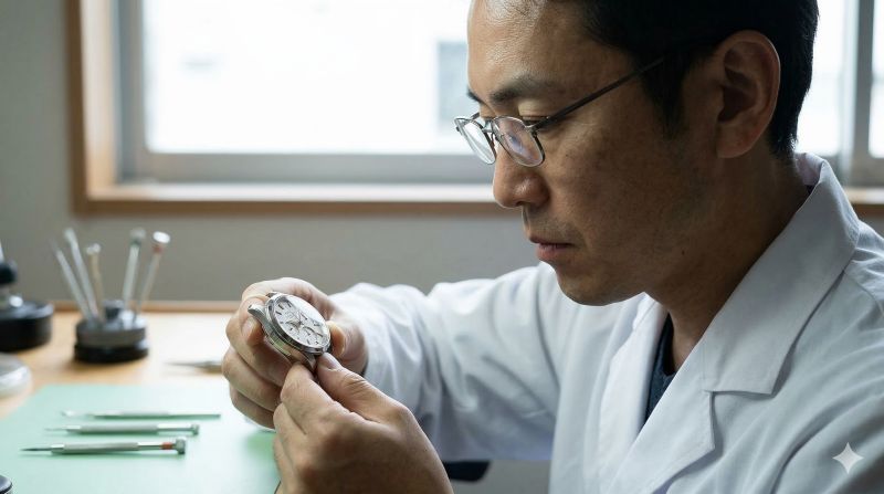 専門的な時計師が腕時計を検査し、磁気帯びについて解説する様子。