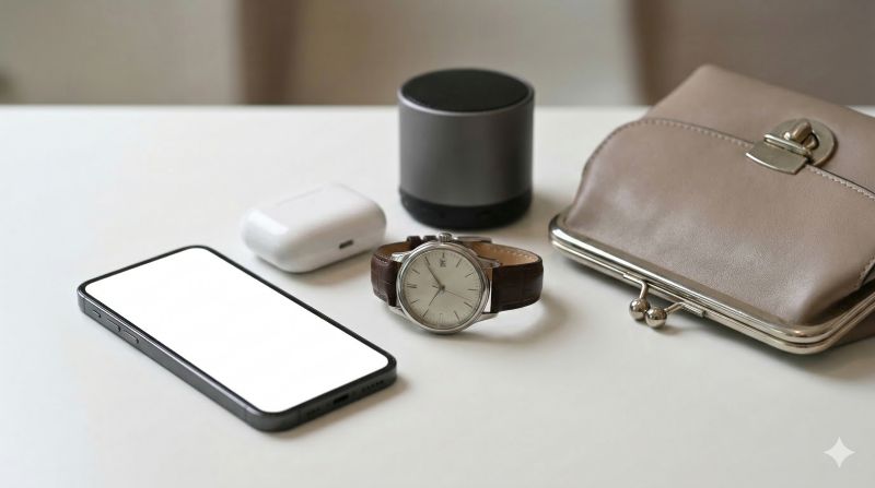 スマートフォン、イヤホン、スピーカー、バッグなど、腕時計の磁気帯び原因となる日常生活用品の配置。