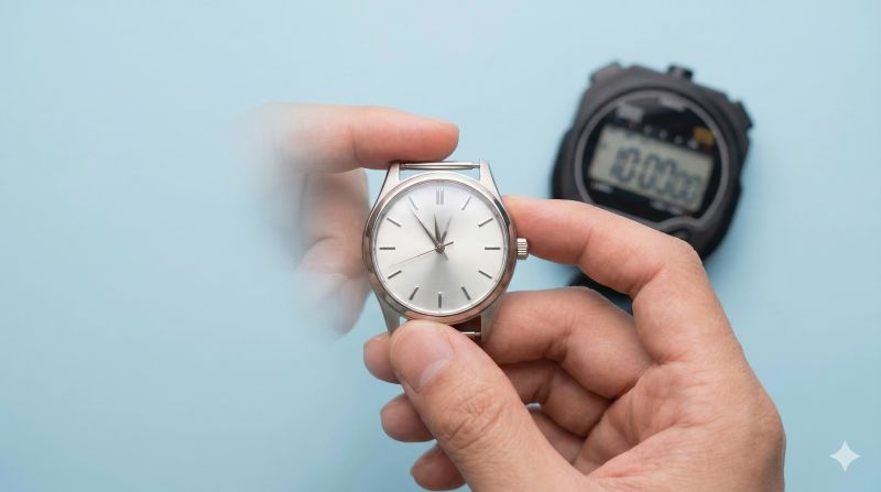 コンパス(方位磁針)を使って、腕時計が磁気帯びしているかを確認する簡易チェックの様子。